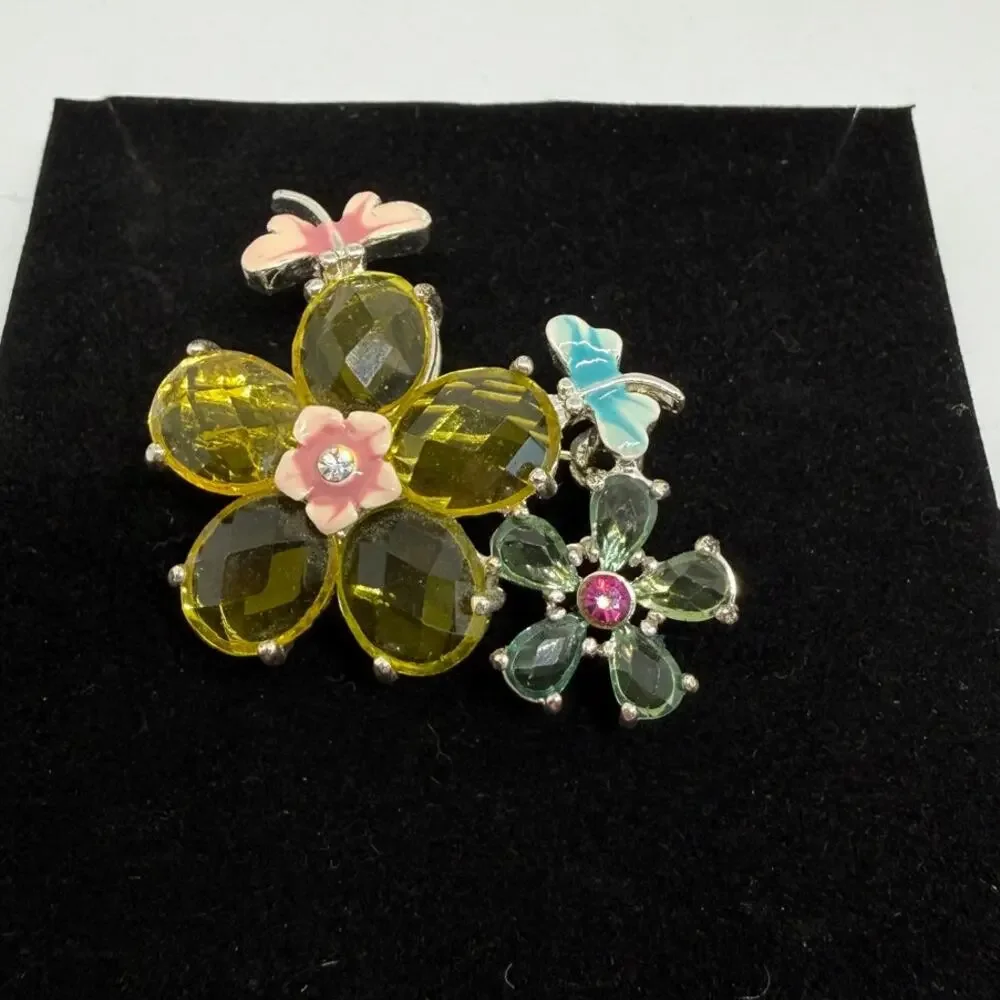 VINTAGE Butterfly Floral Brooch Pink Blue Enamel Green Yellow Crystal Flower Pin
